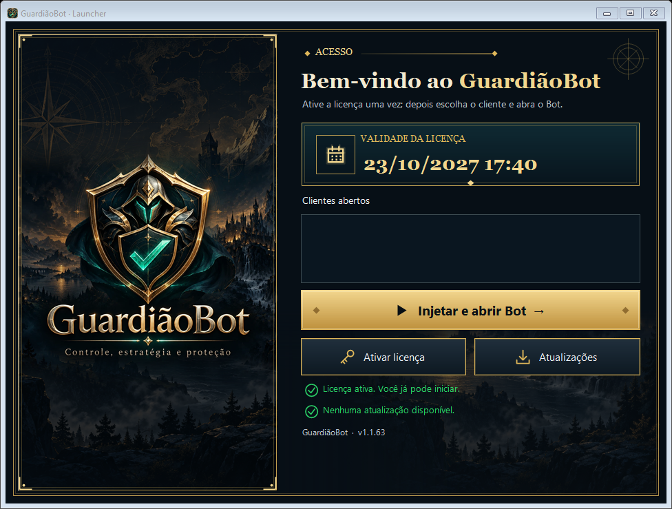Prévia do Launcher atual do GuardiãoBot com dados demonstrativos